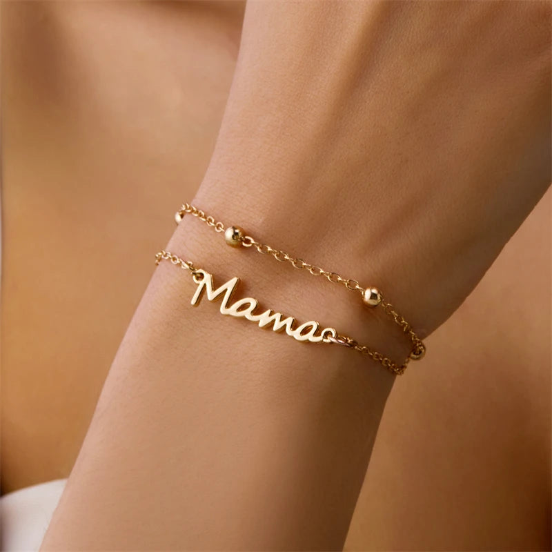 Simple Letter Mama Charm Bracelet for Women Metal 3 Colors Double Layer Chain Bangle Fashion Jewelry Mother Day Wrist Gift