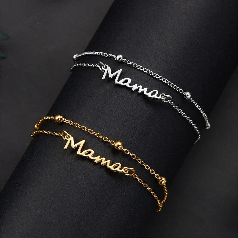 Simple Letter Mama Charm Bracelet for Women Metal 3 Colors Double Layer Chain Bangle Fashion Jewelry Mother Day Wrist Gift